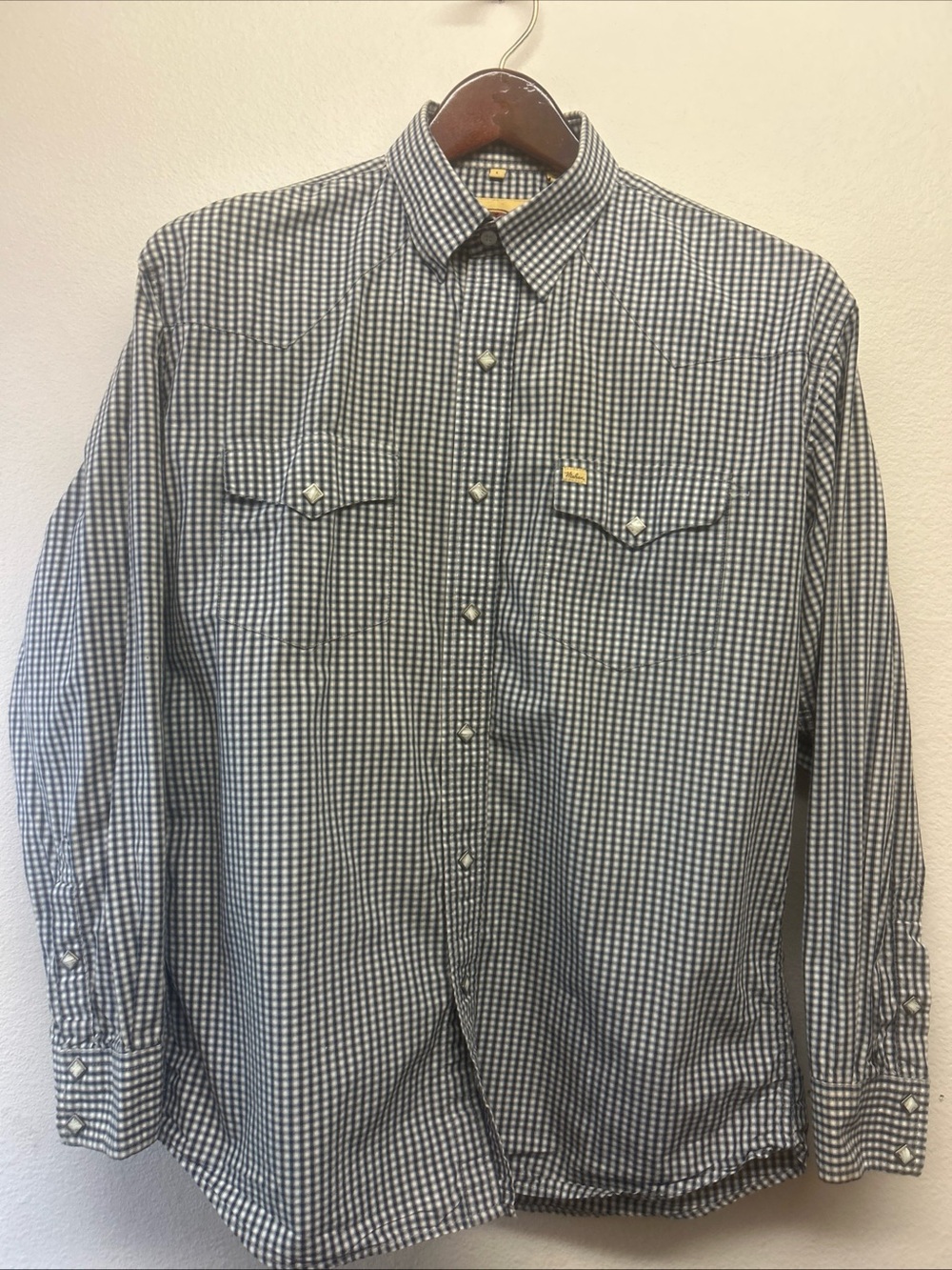 Larry Mahan Men's Lg Pearl Snap Cowboy Collection Blue Grey White Plaid Shirt